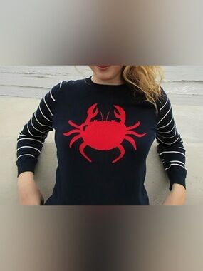ModCloth Crab Nautical Navy Blue Striped Knit Sweater Crewneck Size Large